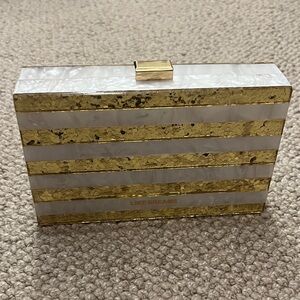 Gold and White Striped Clutch w/Gold Crossbody Chain Strap from Like Dreams